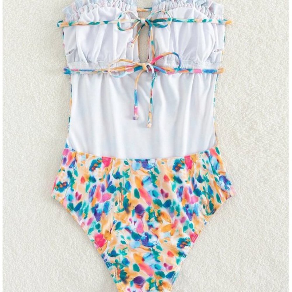 Floral Print Ruched Bust Bandeau One Piece Swimsuit Bathing Suit - Picture 2 of 5